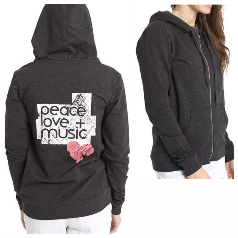 Peace Love + Music zip-up Gray Hoodie - Picture 1 of 4